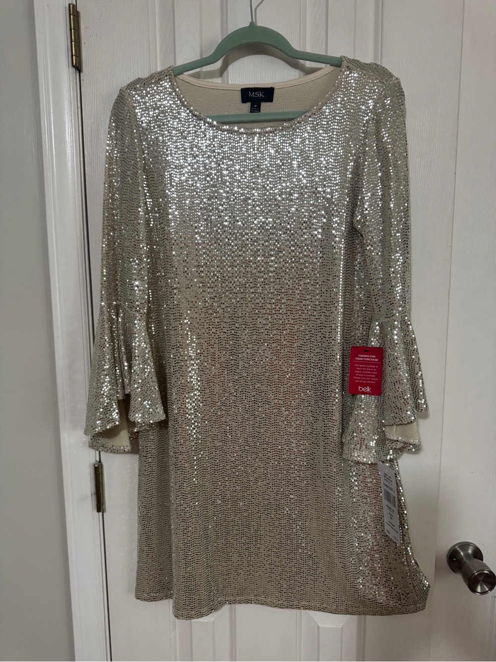 MSK Silver Sequin Ruffle Sleeve Long Sleeve Dress